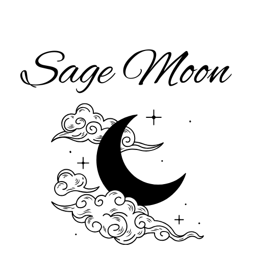 An image of a crescent moon, clouds, and stars with the words "Sage Moon"