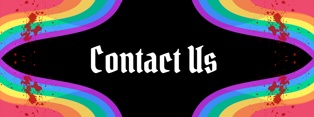 A graphic that says "Contact us" with rainbow corners and blood splatter graphics